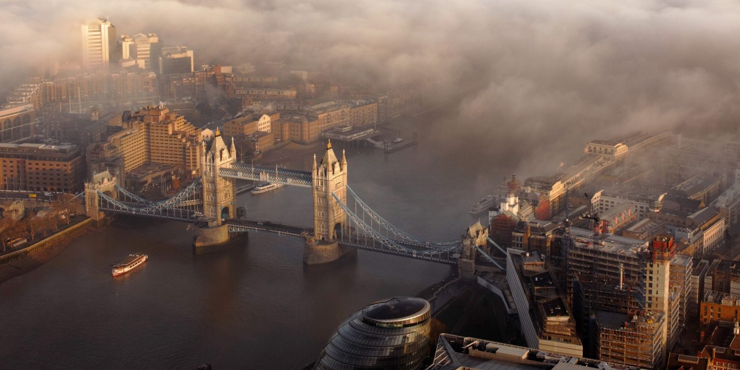 UK,London,Elevated view of the city in mist